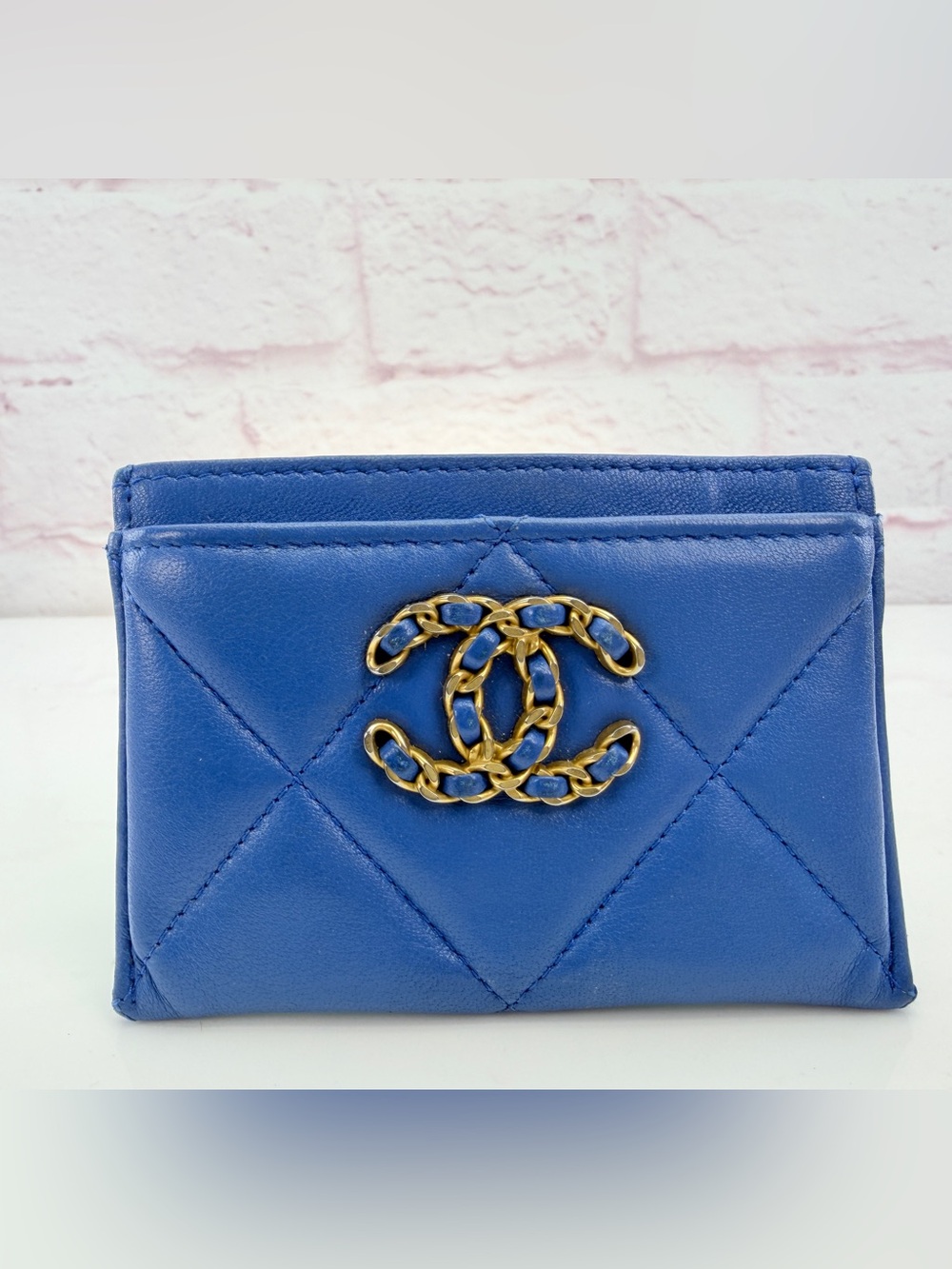 Chanel Shiny Goatskin Quilted Chanel 19 Card Holder Dark Blue